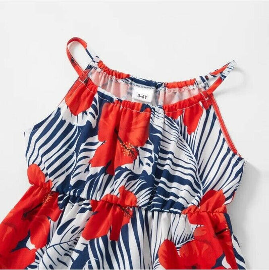 New Girls Dress - Red Hibiscus Flower White Palm Print Navy Dress - MARIGOLD 