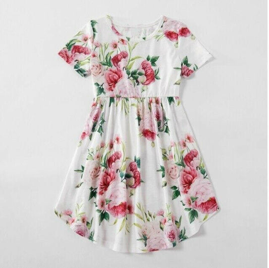 Pink Floral Print Curved Hem Girls Dress - MARIGOLD 