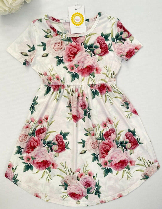 Pink Floral Print Curved Hem Girls Dress - MARIGOLD 