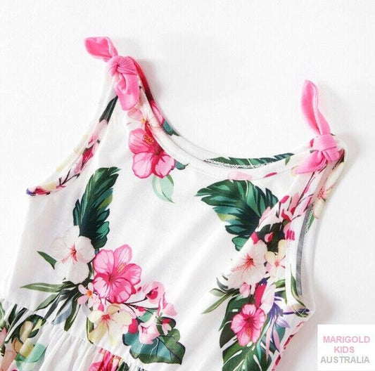 Pink Hibiscus Print Bow Shoulder White Dress - MARIGOLD 