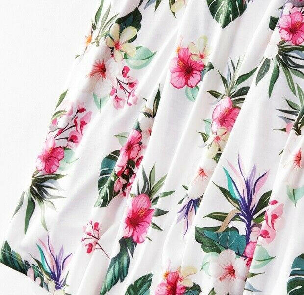 Pink Hibiscus Print Bow Shoulder White Dress - MARIGOLD 