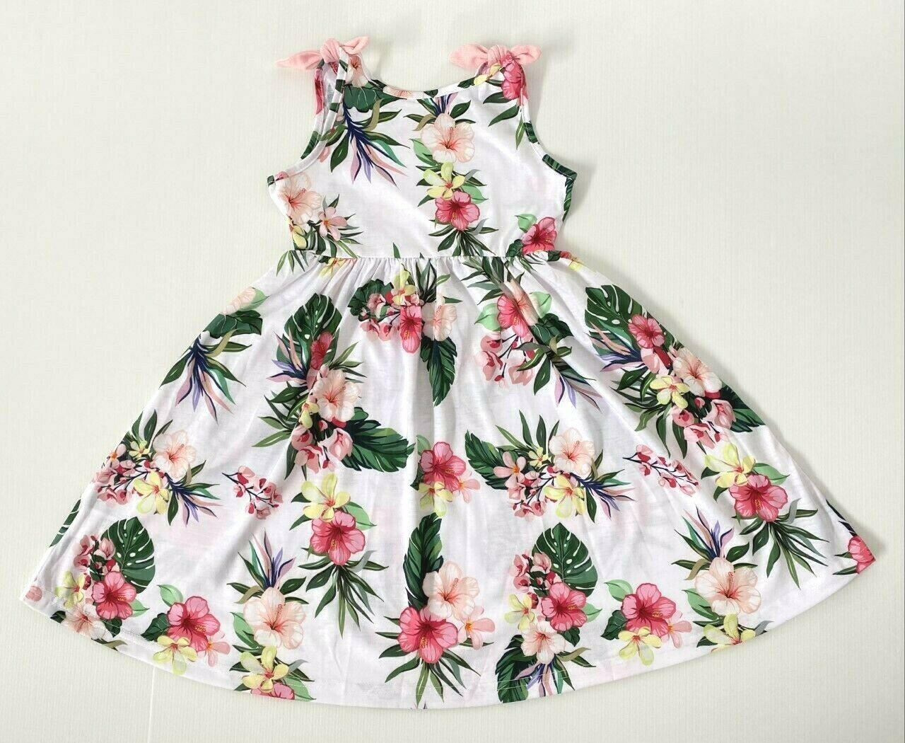Pink Hibiscus Print Bow Shoulder White Dress - MARIGOLD 