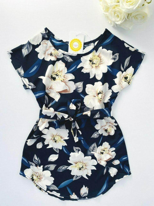 size 2/3/4/6/8 years new girls dress dark blue floral curve hem girls dress - MARIGOLD 