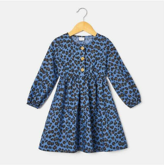 size 2 years new girls dress leopard print blue chambray long sleeve dress - MARIGOLD 