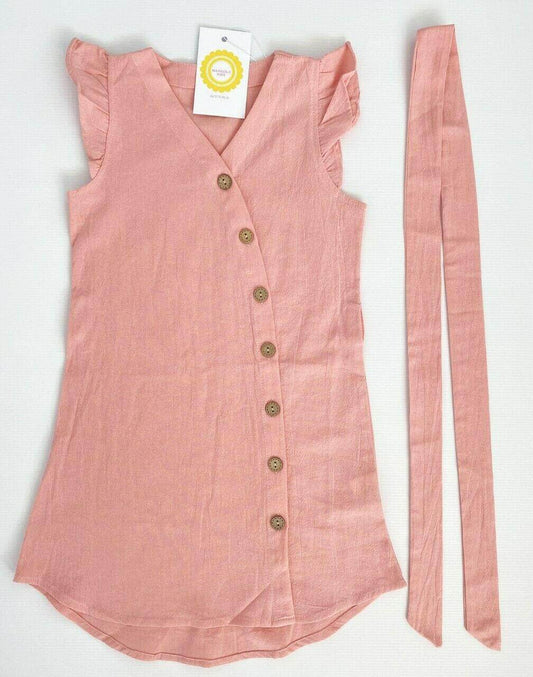size 2y to 6-7 years new girls dress pink curve hem button dress with belt - MARIGOLD 
