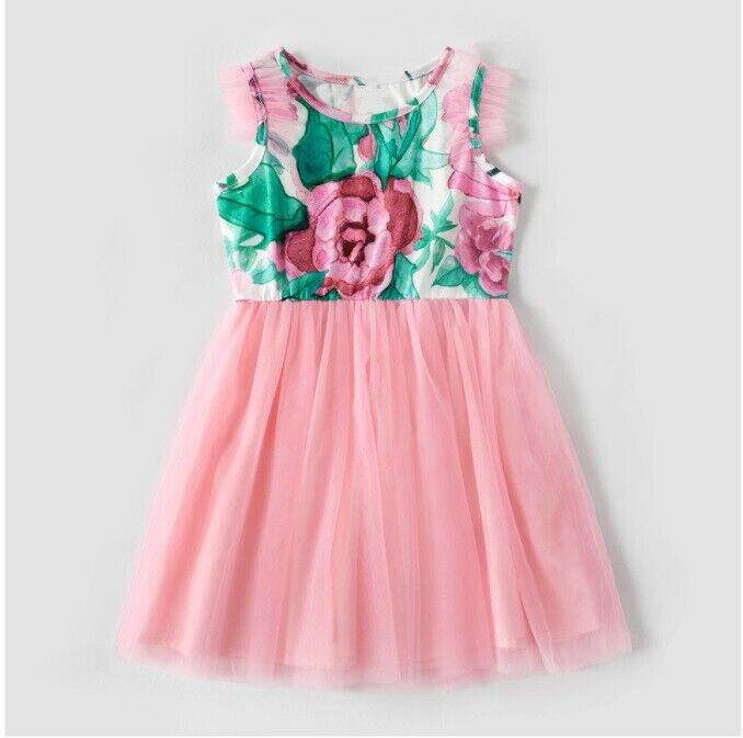 girls dress new size 3/4/6/7/8y pink floral tulle flutter sleeve girls dress - MARIGOLD 