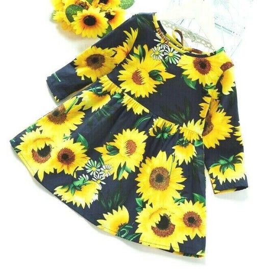 size 18-24m to 5-6 years new girls dress dark blue sunflower long sleeve dress - MARIGOLD 