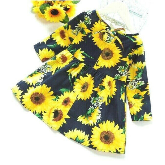 size 18-24m to 5-6 years new girls dress dark blue sunflower long sleeve dress - MARIGOLD 