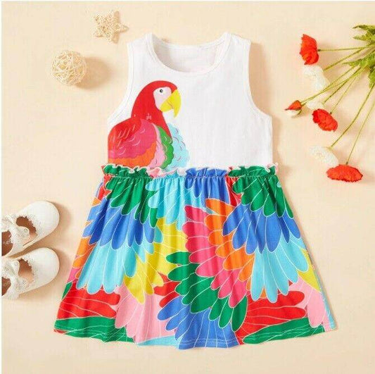 size 18-24m to 5 years new girls dress colourful parrot print cotton girls dress - MARIGOLD 