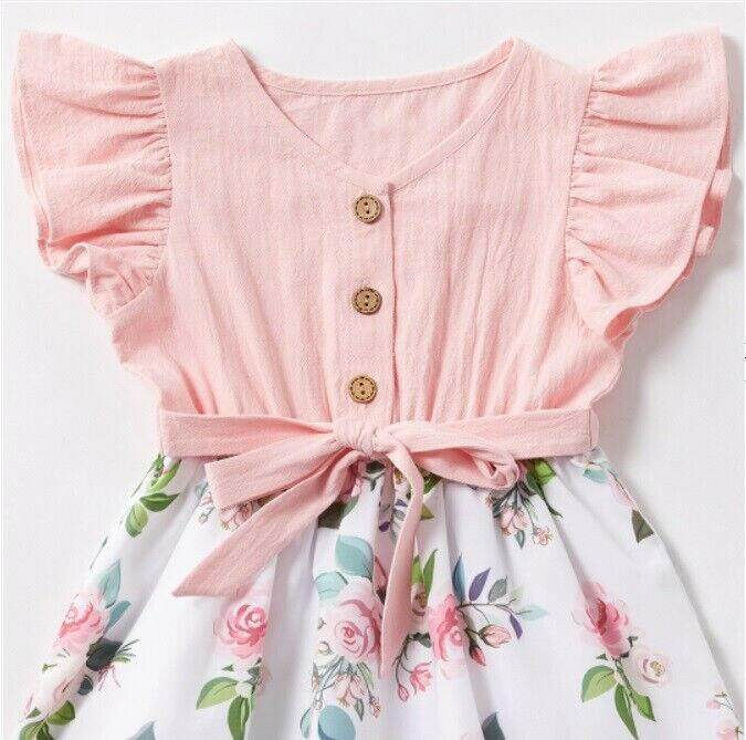 size 2/3/4/6/8/10 years new girls dress pink flutter sleeve floral cotton dress - MARIGOLD 
