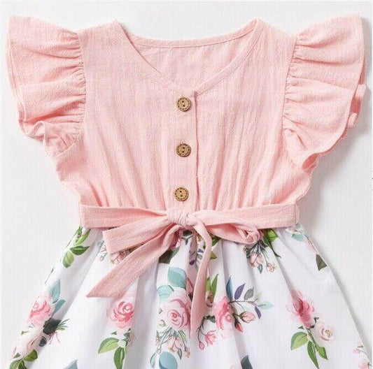 size 2/3/4/6/8/10 years new girls dress pink flutter sleeve floral cotton dress - MARIGOLD 