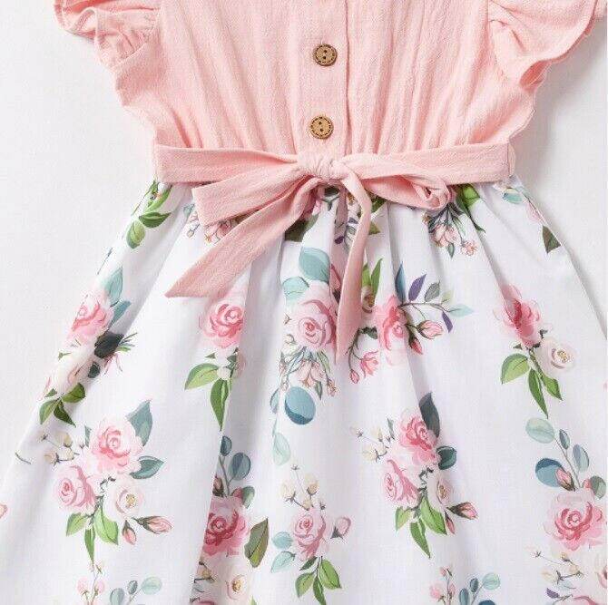 size 2/3/4/6/8/10 years new girls dress pink flutter sleeve floral cotton dress - MARIGOLD 