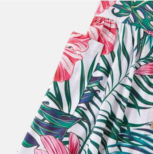 size 2y to 8-9 years new girls dress pink tropical flower & green palm dress - MARIGOLD 