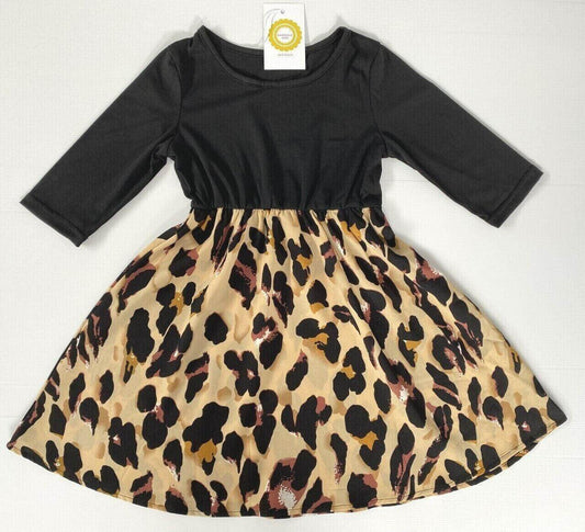 Size 3-4Y Leopard Print Long Sleeve Girls Dress - MARIGOLD 