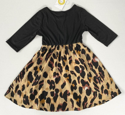 Size 3-4Y Leopard Print Long Sleeve Girls Dress - MARIGOLD 