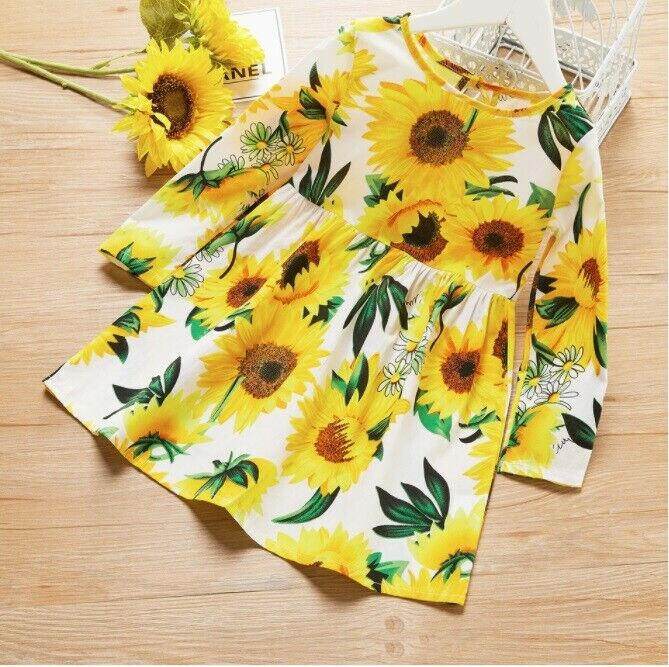 size 3y to 5-6 years new girls dress sunflower long sleeve white cotton dress - MARIGOLD 