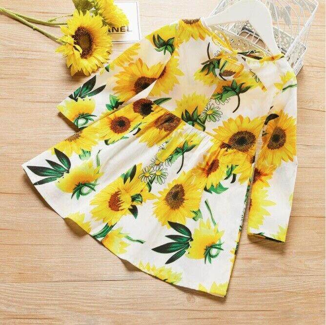size 3y to 5-6 years new girls dress sunflower long sleeve white cotton dress - MARIGOLD 