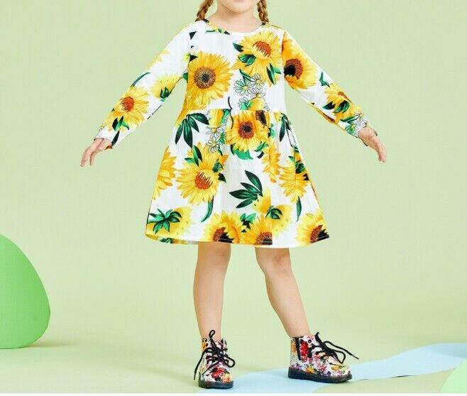 size 3y to 5-6 years new girls dress sunflower long sleeve white cotton dress - MARIGOLD 