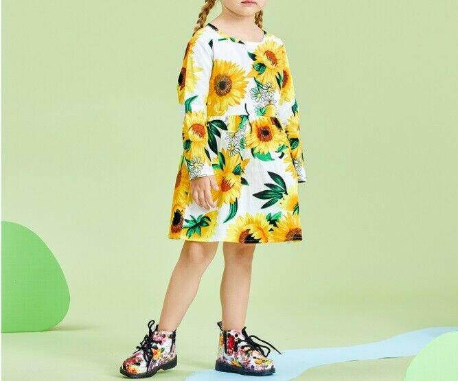 size 3y to 5-6 years new girls dress sunflower long sleeve white cotton dress - MARIGOLD 