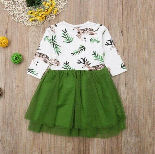 size 5-6 years new deer print green tulle long sleeve girls dress - 1 left! - MARIGOLD 