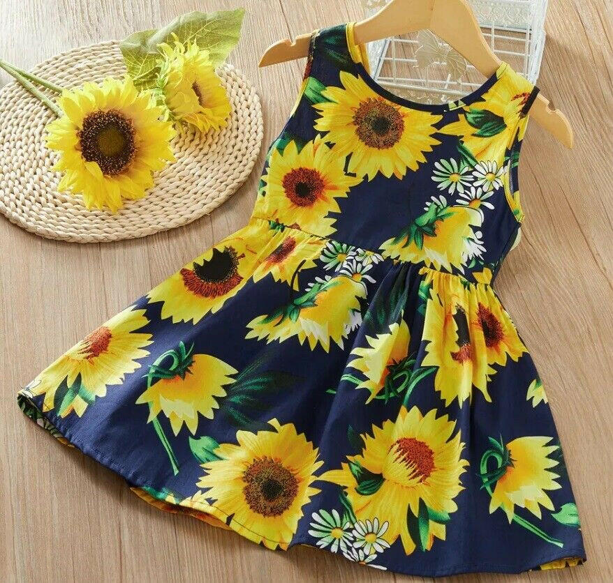 Sunflower-Print Navy Blue Dress with Black Satin Bow - MARIGOLD 