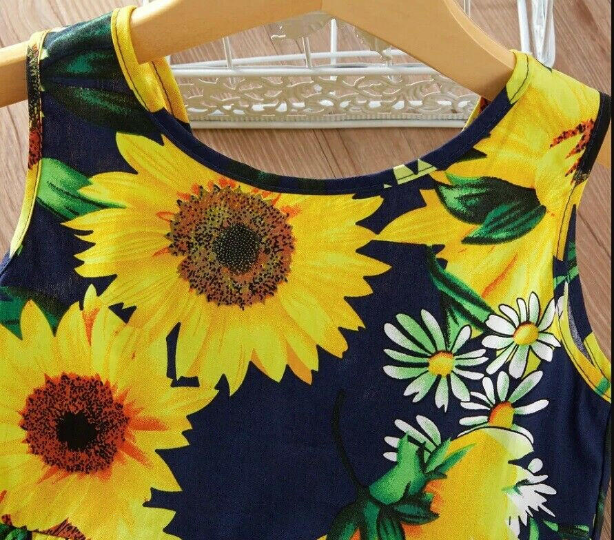 Sunflower-Print Navy Blue Dress with Black Satin Bow - MARIGOLD 