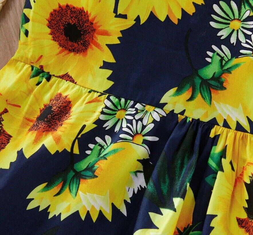 Sunflower-Print Navy Blue Dress with Black Satin Bow - MARIGOLD 