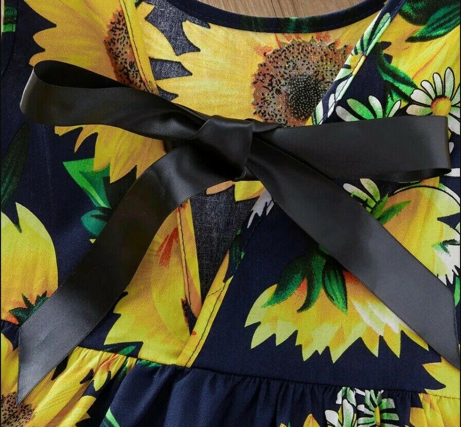 Sunflower-Print Navy Blue Dress with Black Satin Bow - MARIGOLD 