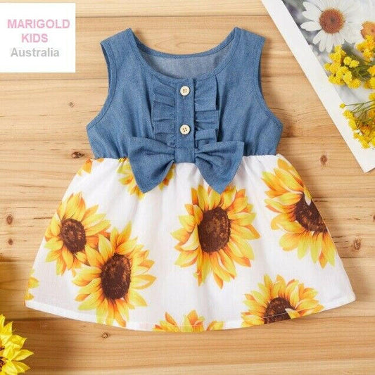 baby girls dress new blue chambray sunflower print baby girls dress - MARIGOLD 