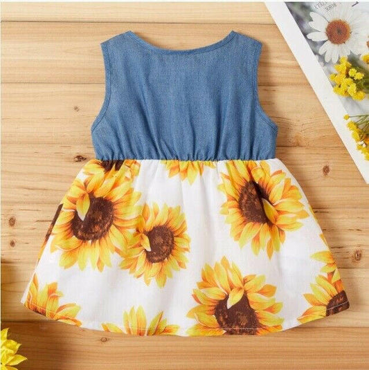 baby girls dress new blue chambray sunflower print baby girls dress - MARIGOLD 