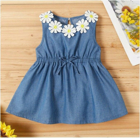 size 3-6 to 18-24 months baby dress chambray daisy applique dress - Select Size - MARIGOLD 