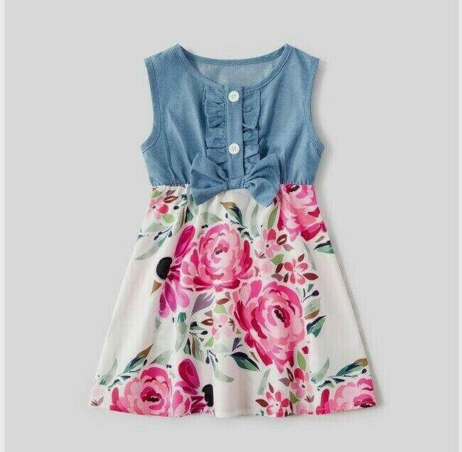 Size 3-6m/6-9m/9-12m/12-18 months New Baby Girls Chambray Pink Floral Bow Dress - MARIGOLD 