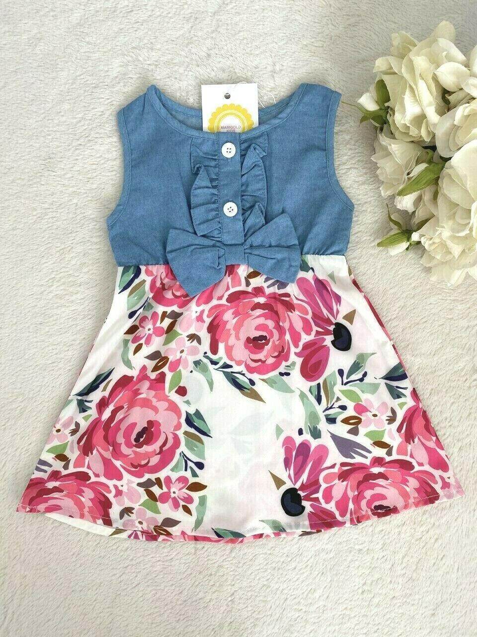 Size 3-6m/6-9m/9-12m/12-18 months New Baby Girls Chambray Pink Floral Bow Dress - MARIGOLD 