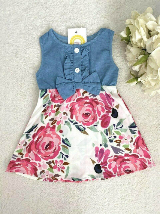 Size 3-6m/6-9m/9-12m/12-18 months New Baby Girls Chambray Pink Floral Bow Dress - MARIGOLD 