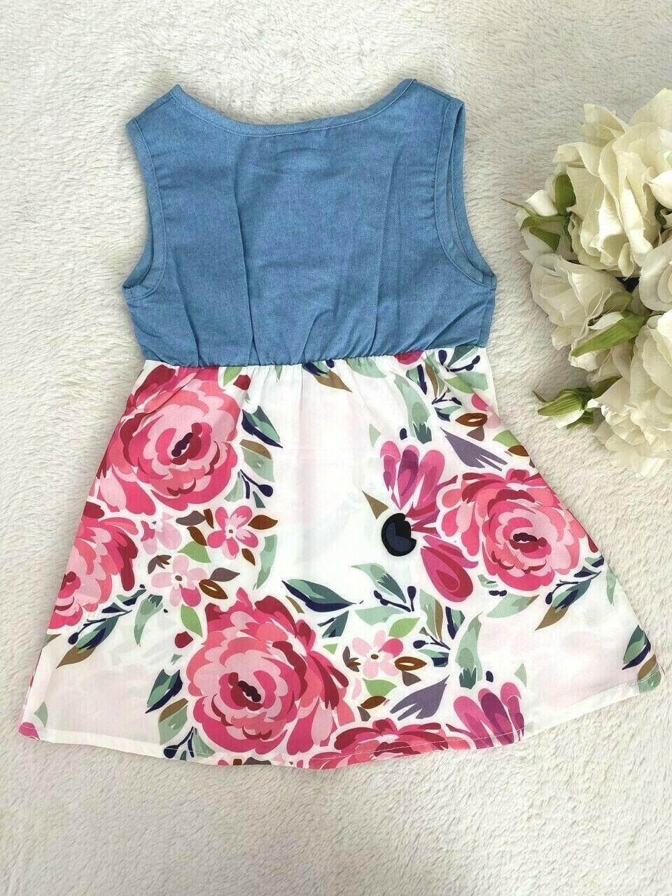 Size 3-6m/6-9m/9-12m/12-18 months New Baby Girls Chambray Pink Floral Bow Dress - MARIGOLD 