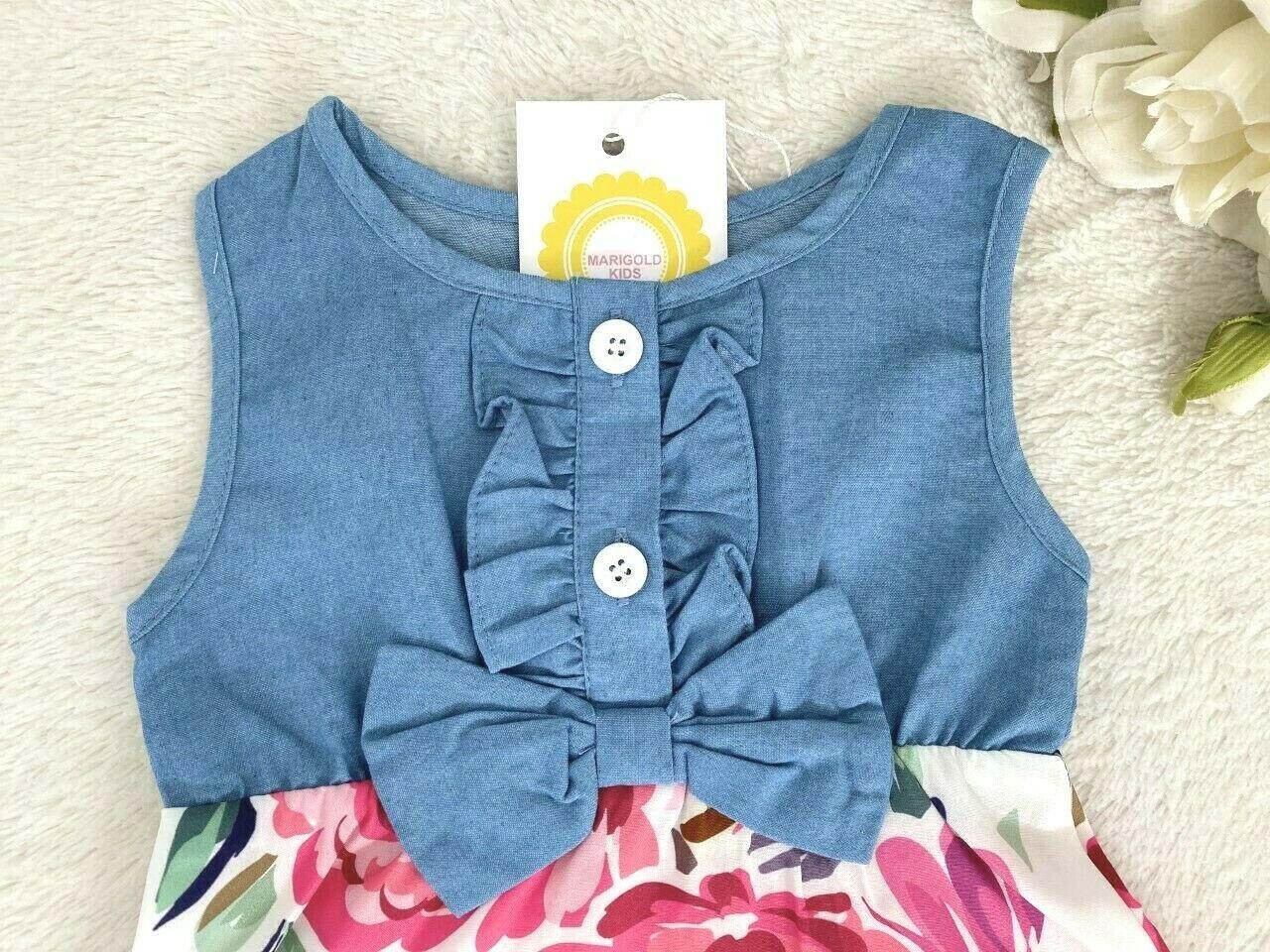 Size 3-6m/6-9m/9-12m/12-18 months New Baby Girls Chambray Pink Floral Bow Dress - MARIGOLD 
