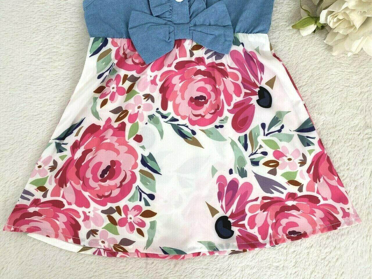 Size 3-6m/6-9m/9-12m/12-18 months New Baby Girls Chambray Pink Floral Bow Dress - MARIGOLD 