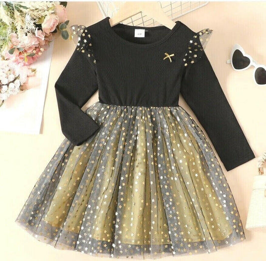 Ebony Black Gold Star Sprinkles Tulle Dress - Size 5-6 Years - MARIGOLD 