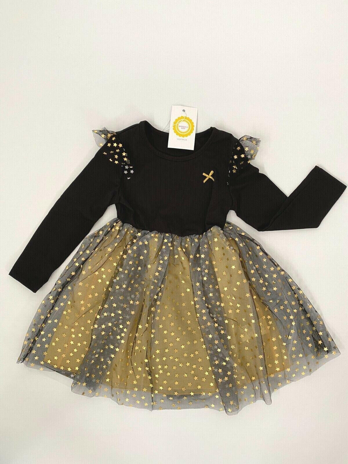 Ebony Black Gold Star Sprinkles Tulle Dress - Size 5-6 Years - MARIGOLD 