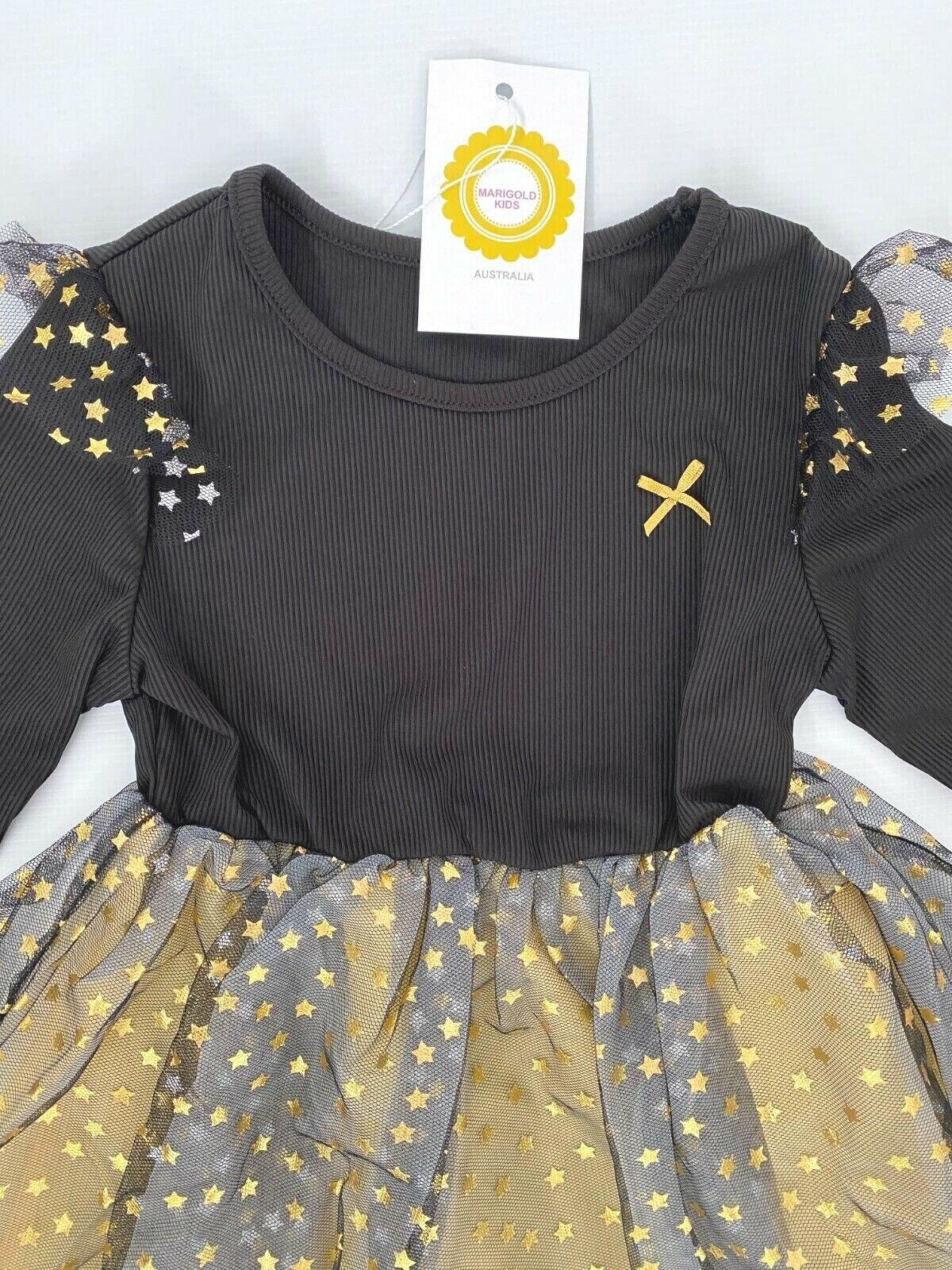 Ebony Black Gold Star Sprinkles Tulle Dress - Size 5-6 Years - MARIGOLD 