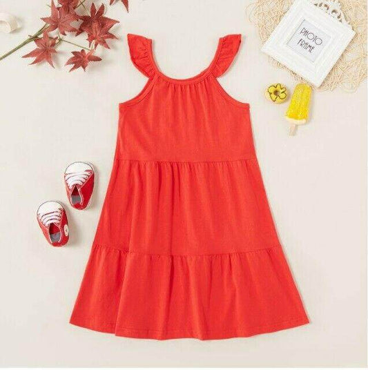 Girls Dress New Flutter Sleeve Tiered Red Girls Dress - MARIGOLD 