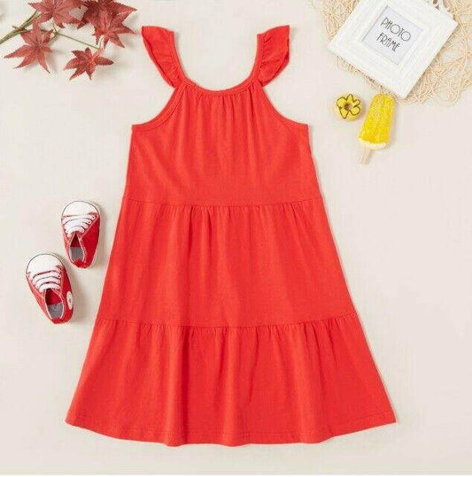 Girls Dress New Flutter Sleeve Tiered Red Girls Dress - MARIGOLD 