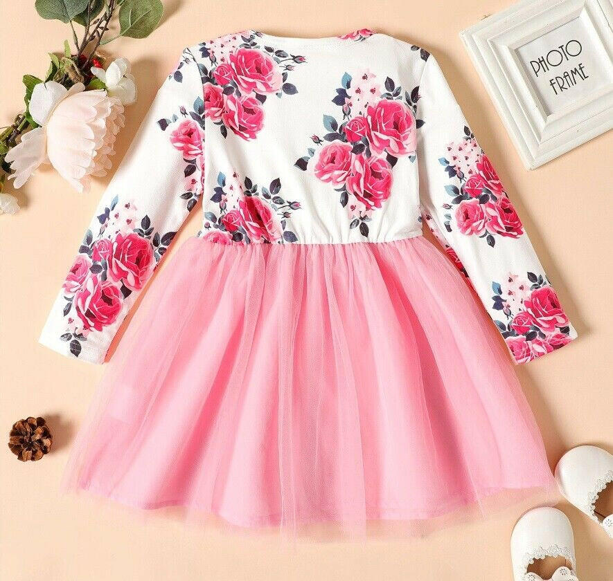 girls dress new pink floral bowknot long sleeve tulle girls dress - MARIGOLD 
