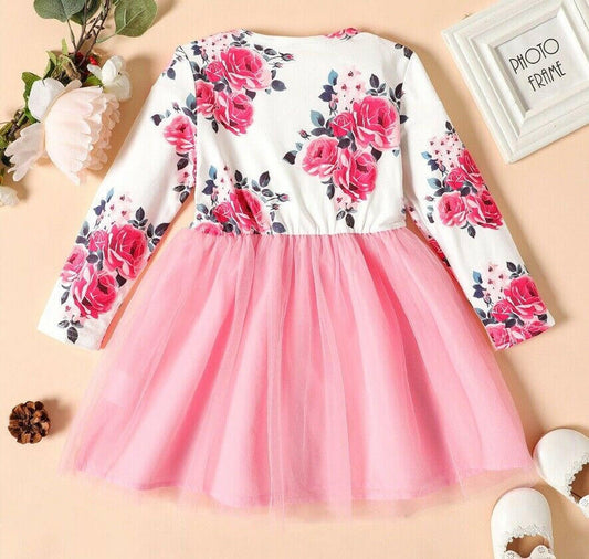 girls dress new pink floral bowknot long sleeve tulle girls dress - MARIGOLD 