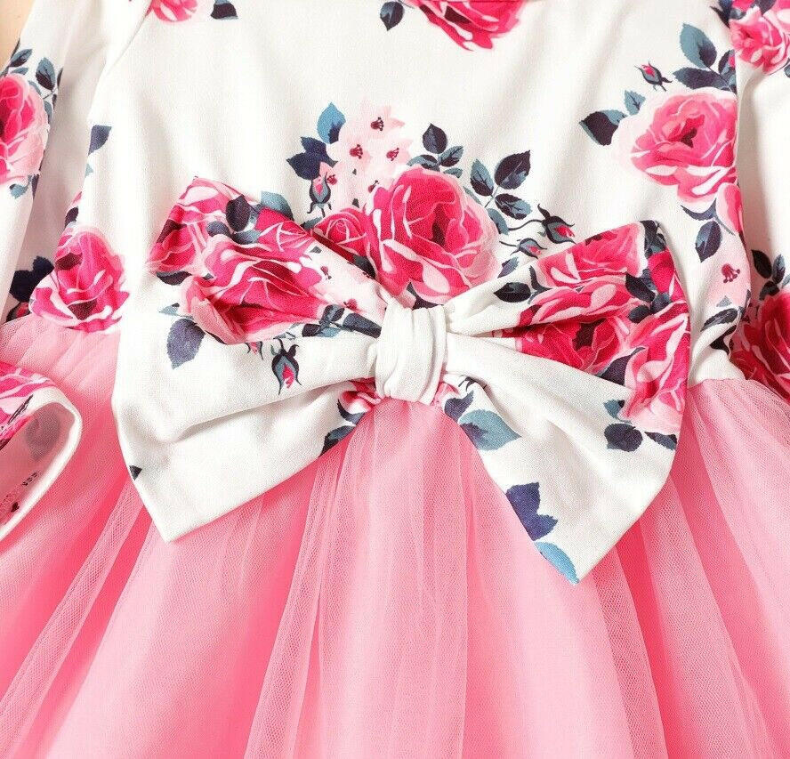 girls dress new pink floral bowknot long sleeve tulle girls dress - MARIGOLD 
