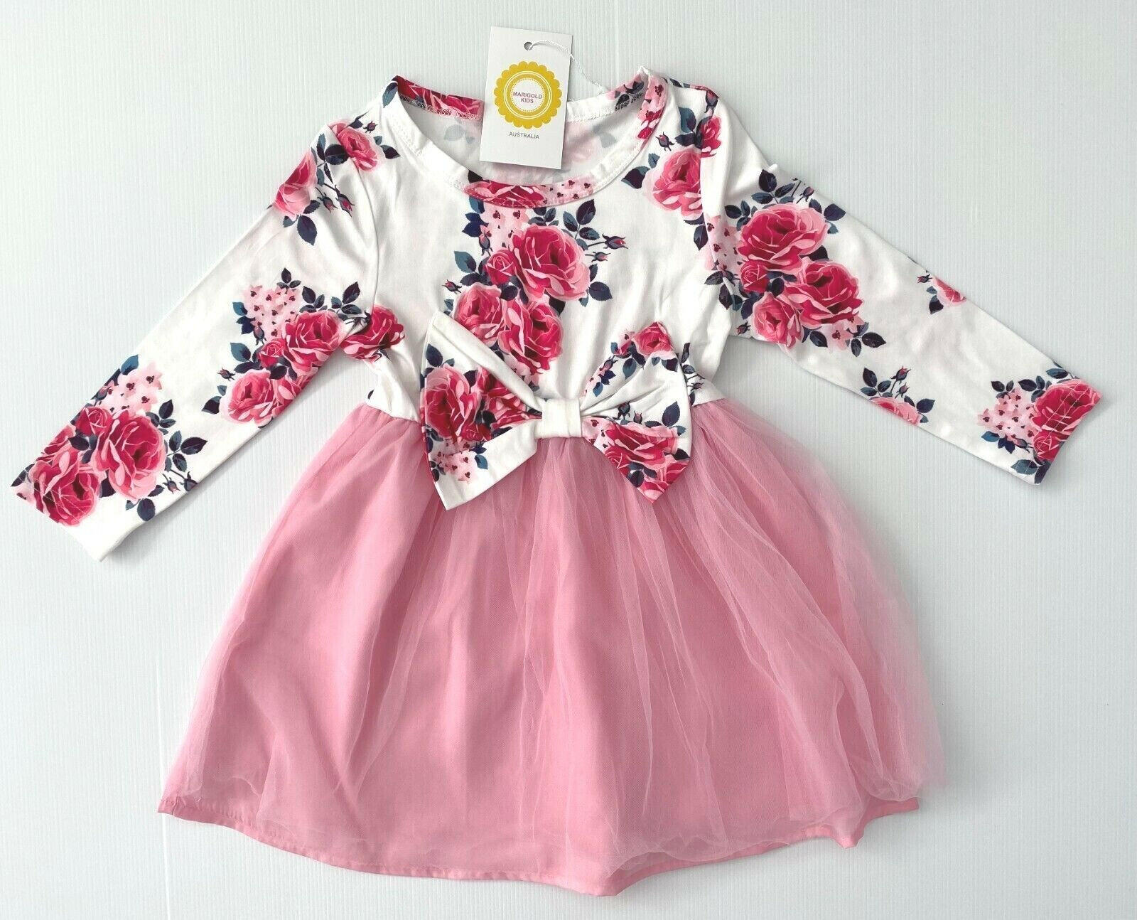 girls dress new pink floral bowknot long sleeve tulle girls dress - MARIGOLD 