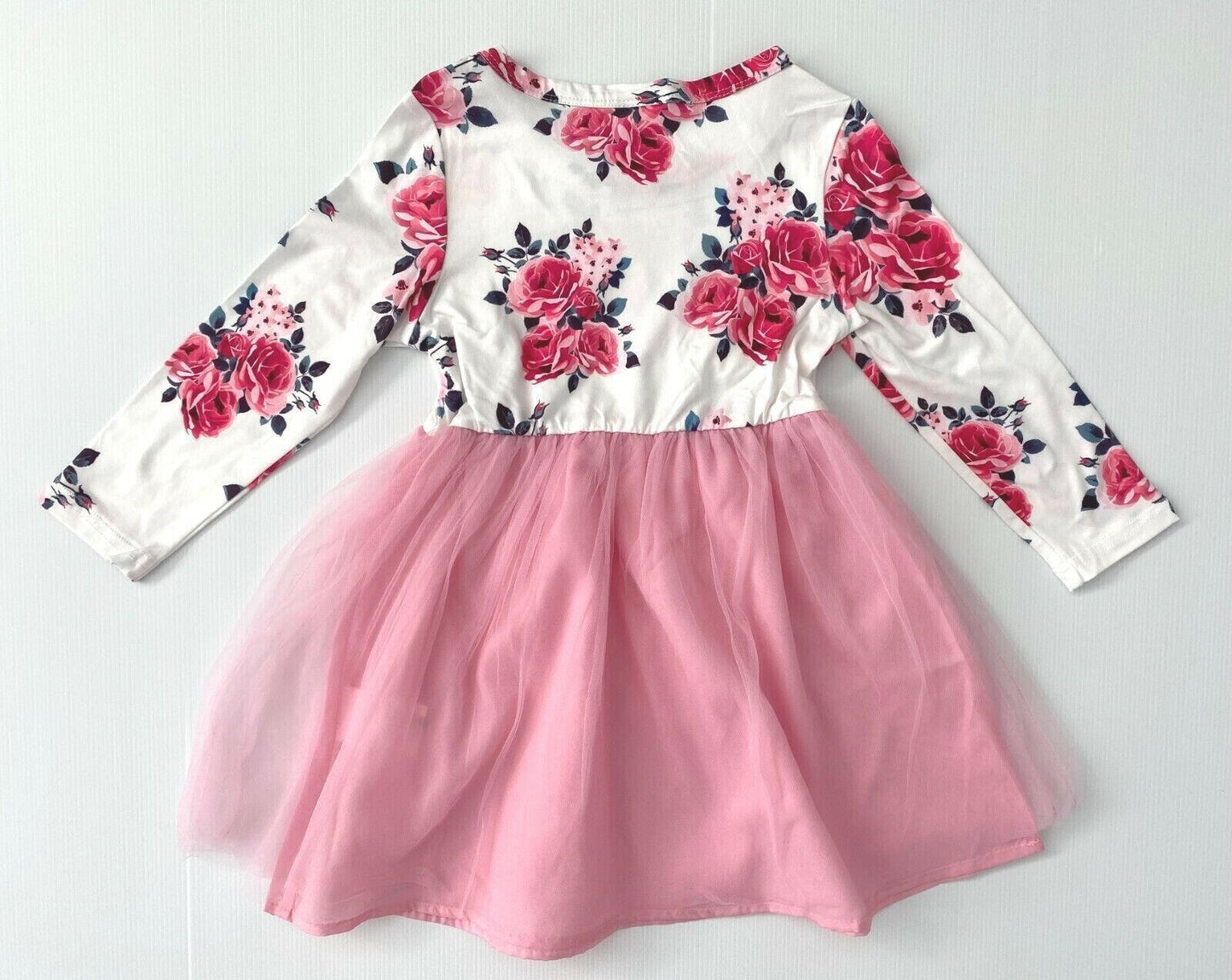girls dress new pink floral bowknot long sleeve tulle girls dress - MARIGOLD 