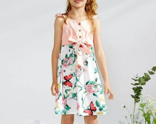Girls Dress Pink Floral Butterfly Flutter Sleeve Dress (Size 4-5 Years) - MARIGOLD 