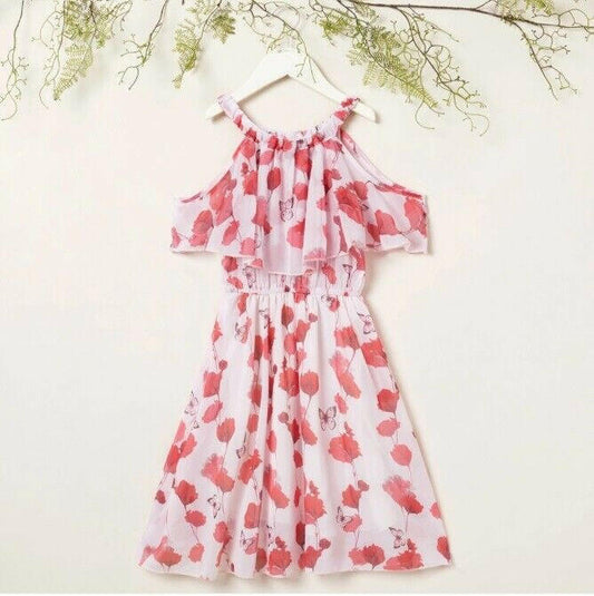 Girls Dress - Pink Red Floral Butterfly Print Cold Shoulder Dress - MARIGOLD 