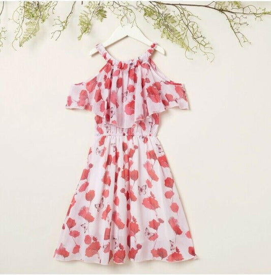 Girls Dress - Pink Red Floral Butterfly Print Cold Shoulder Dress - MARIGOLD 